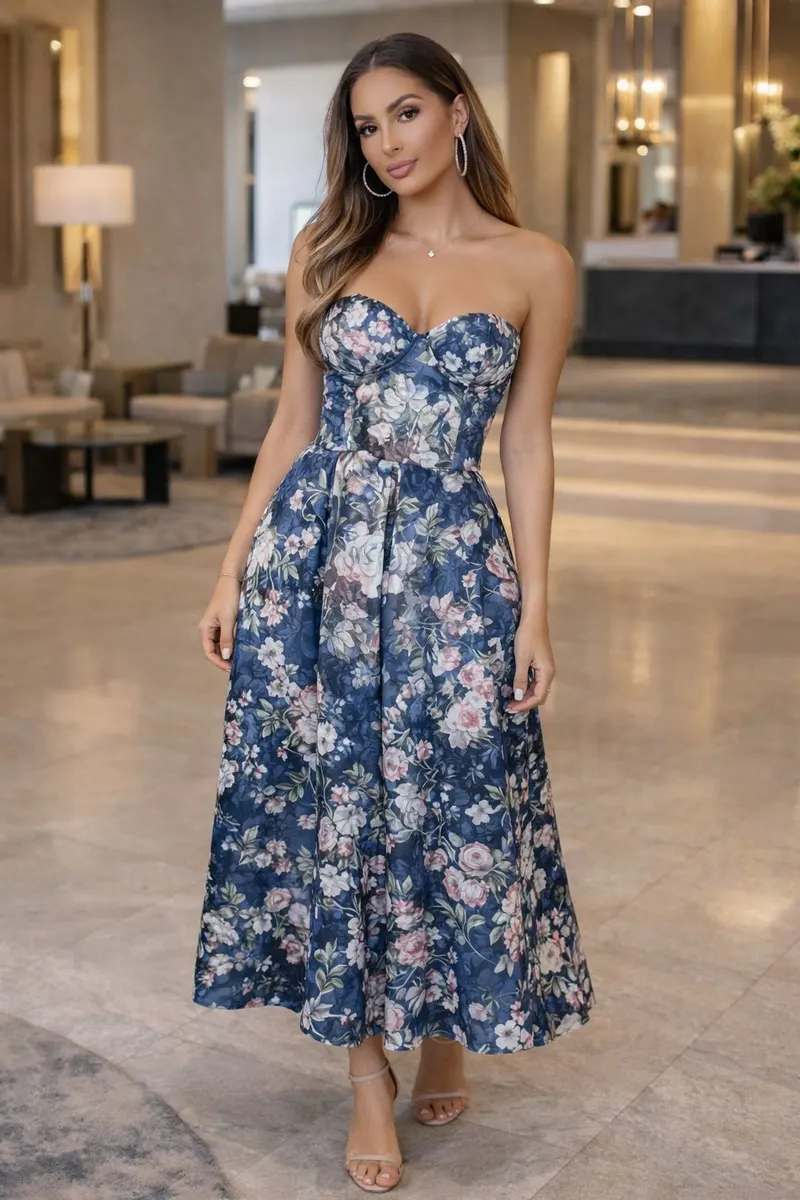 Woman wearing a navy floral strapless midi dress with a fitted bodice and full skirt in a refined luxury interior
