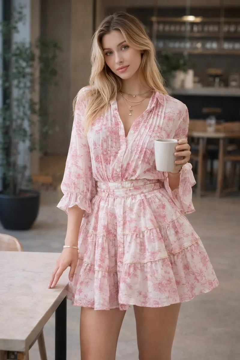 Woman wearing a pink floral long-sleeve tiered mini dress with a defined waist in a refined modern setting