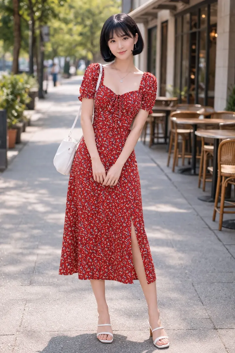 Woman wearing a red floral midi dress with puff sleeves and a front-tie neckline on a softly blurred city street
