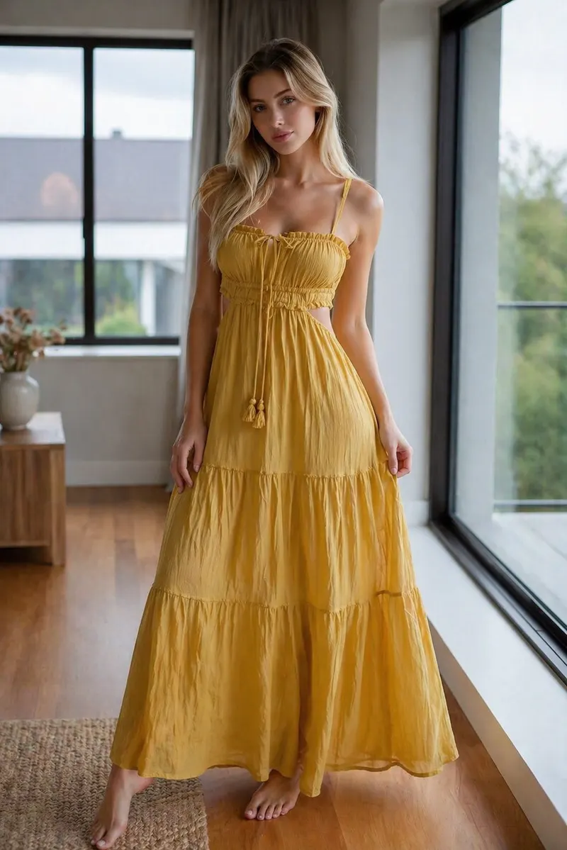 Model wearing a mustard yellow tiered maxi dress in a modern indoor lifestyle setting