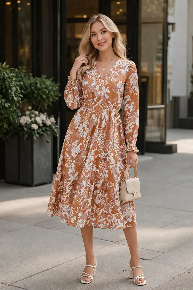 Woman wearing a rust floral long-sleeve midi dress with a v-neckline and tiered skirt in a modern editorial interior setting