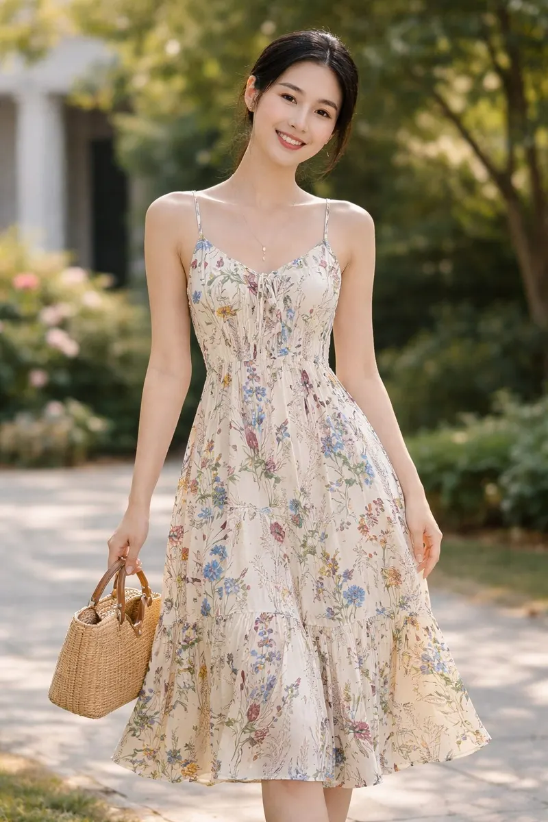 Woman wearing a cream floral strappy midi sundress with a flowing skirt and woven handbag outdoors