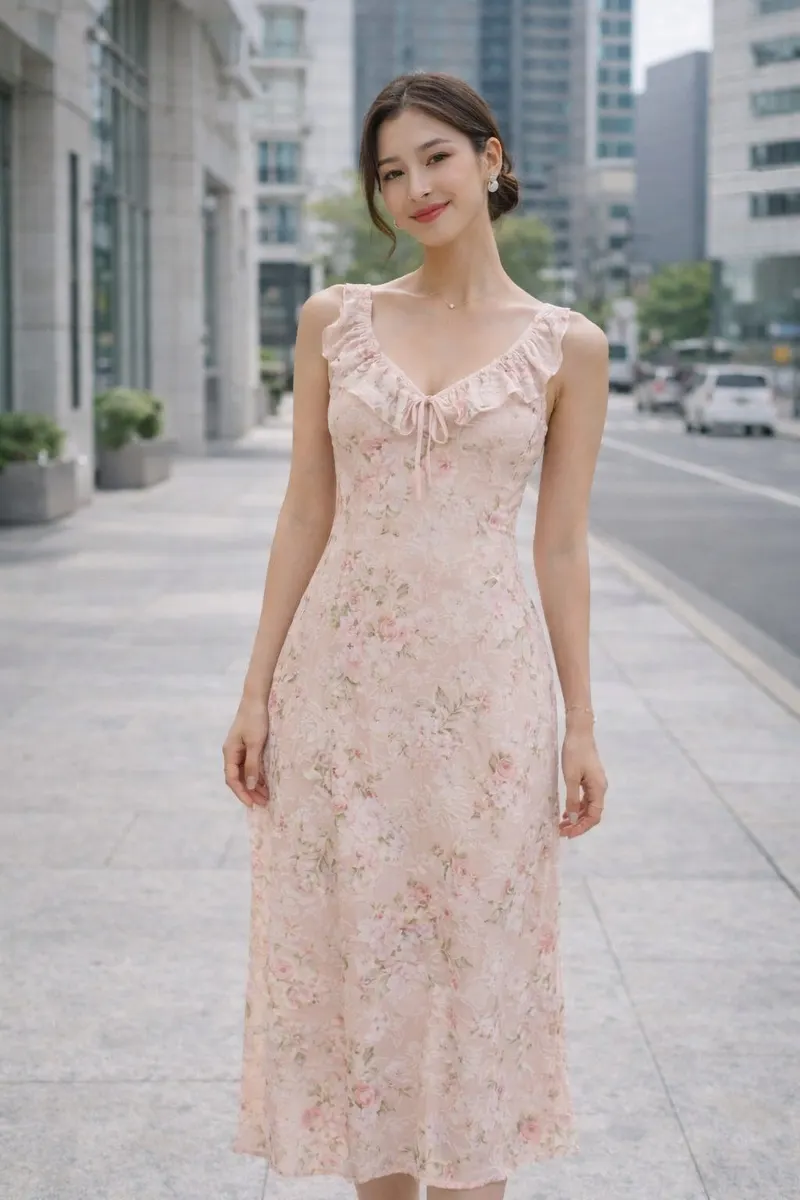 Woman wearing a soft pink floral midi dress with a ruffled neckline and fitted bodice in an urban outdoor setting