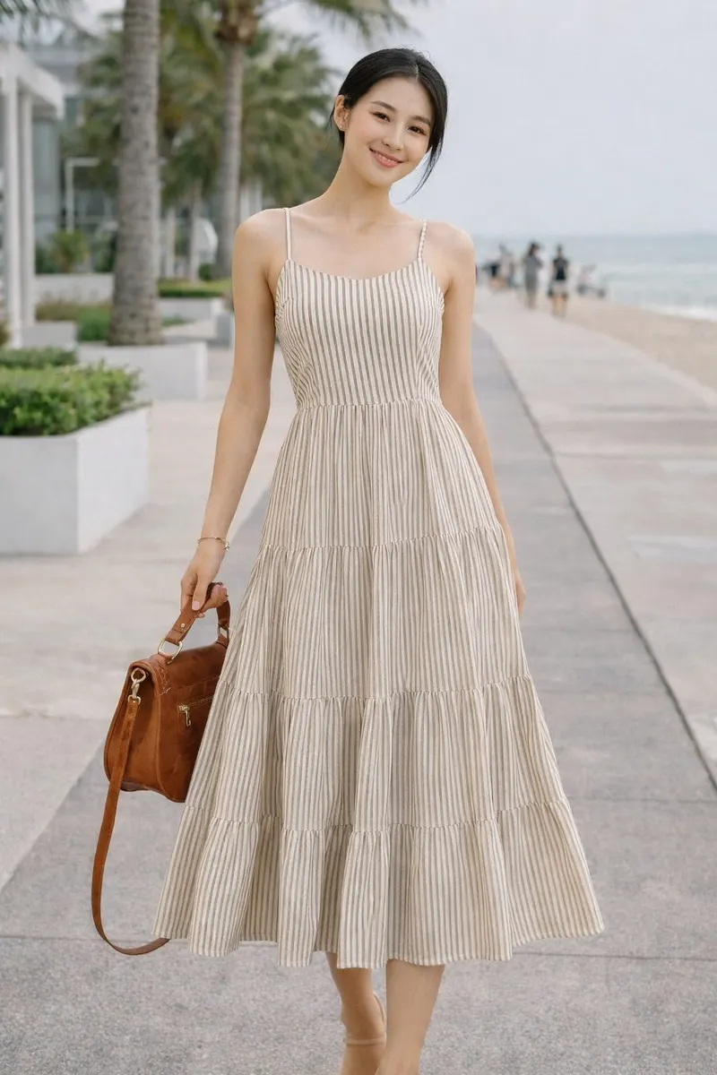 Woman wearing a neutral striped sleeveless tiered maxi dress on a modern coastal walkway in a refined editorial setting