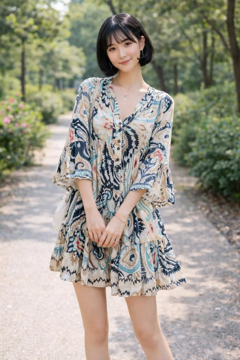 Woman wearing a flowy printed mini dress with wide sleeves and a tiered hem in a sunlit garden setting