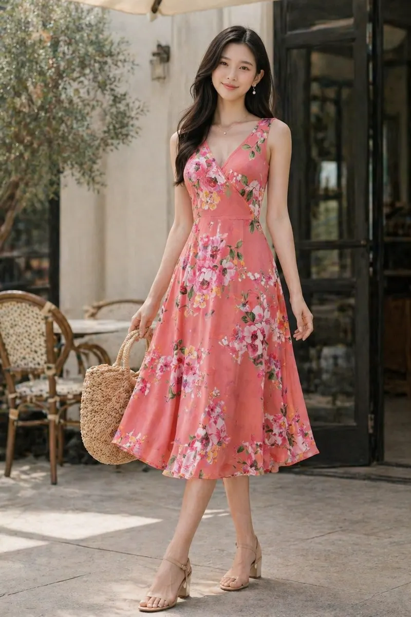 Model wearing a pink floral sleeveless wrap-style dress with a soft flared skirt in a polished summer fashion editorial setting