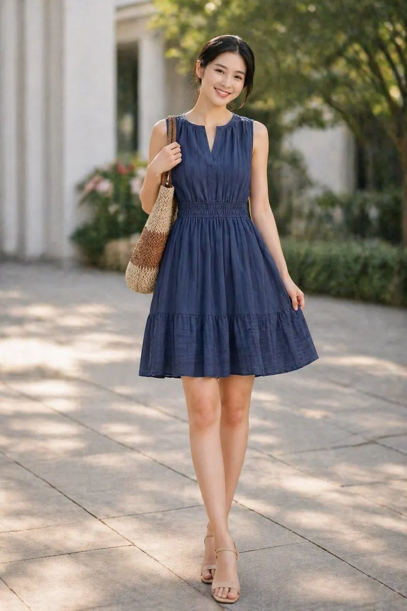 Model wearing a blue sleeveless textured mini dress with a softly gathered waist and feminine summer styling