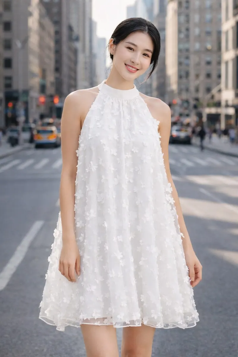 Woman wearing a white halter mini dress with textured floral overlay in a softly blurred city street setting