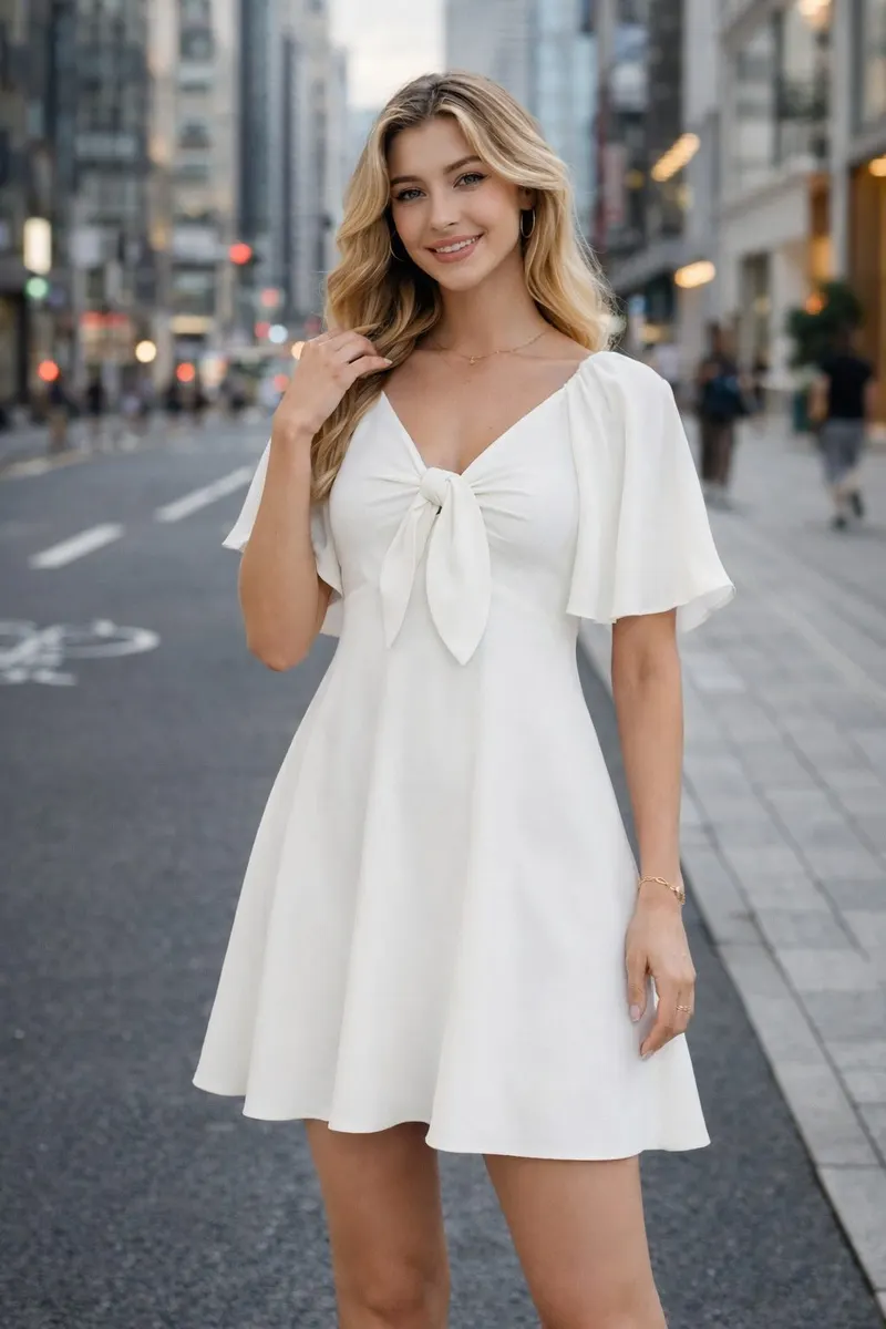 Woman wearing a white tie-front mini dress with flutter sleeves on a softly blurred city street background