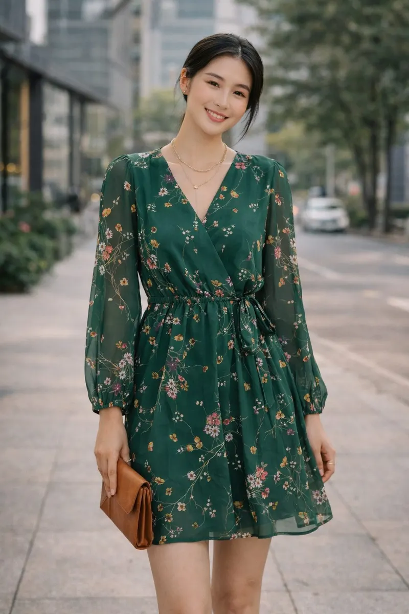 Woman wearing a green floral long-sleeve wrap-style mini dress with a brown clutch in a modern city setting
