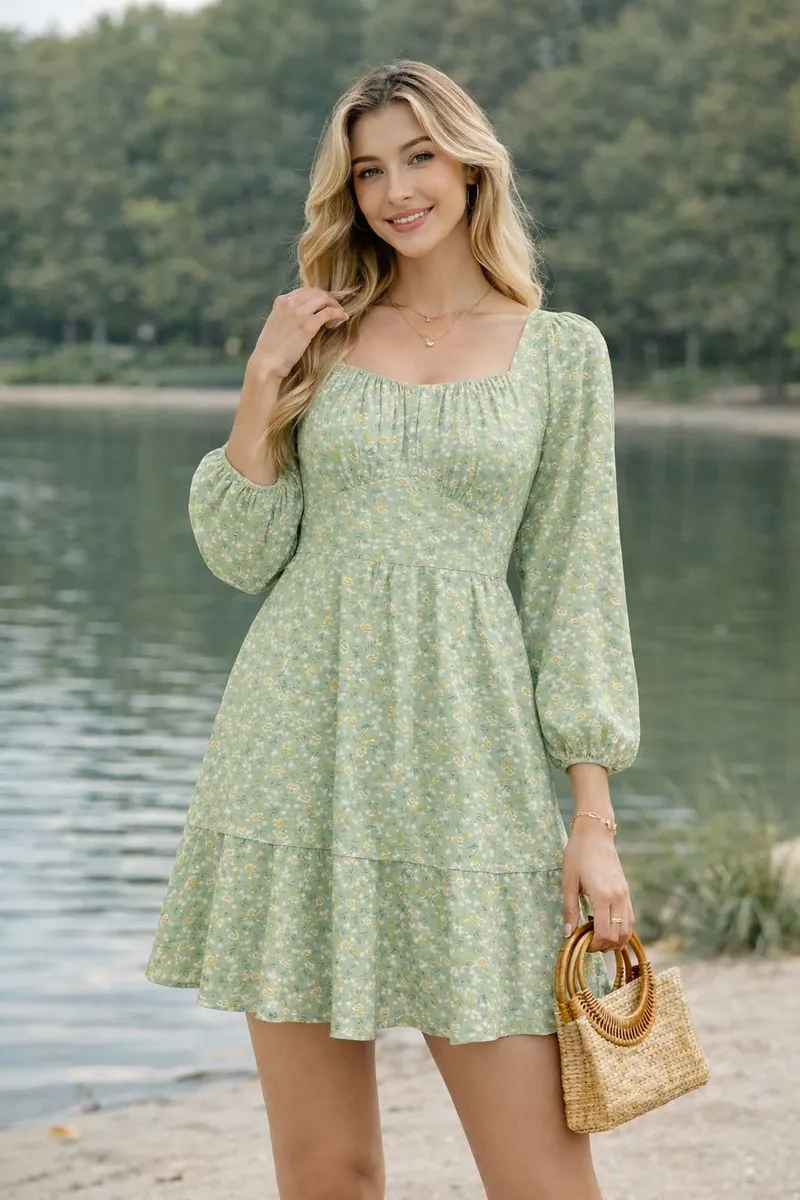 Woman wearing a sage green floral mini dress with long sleeves and a woven handbag by the water