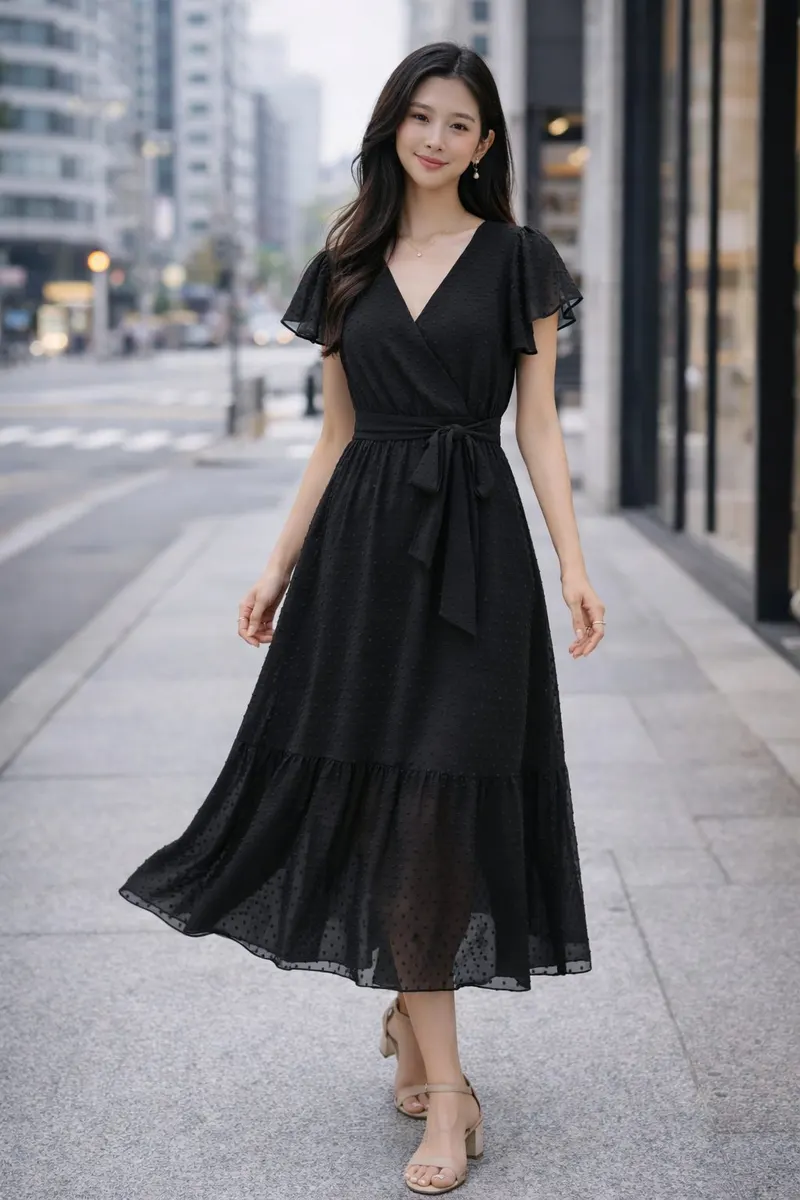 Woman wearing a black midi dress with flutter sleeves, a wrap-style bodice, waist tie, and semi-sheer hem, styled with heeled sandals in an urban street setting