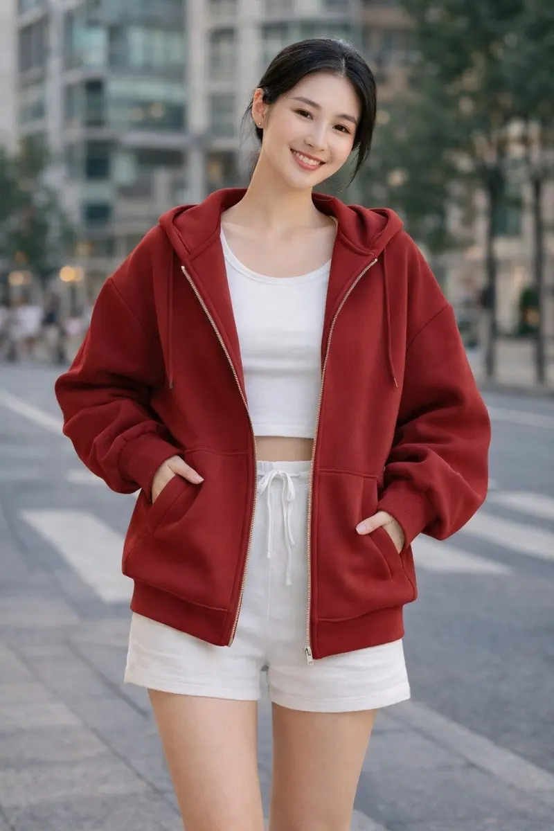 Young woman wearing an oversized red zip-up hoodie over a white cropped top and light drawstring shorts in a modern city street setting