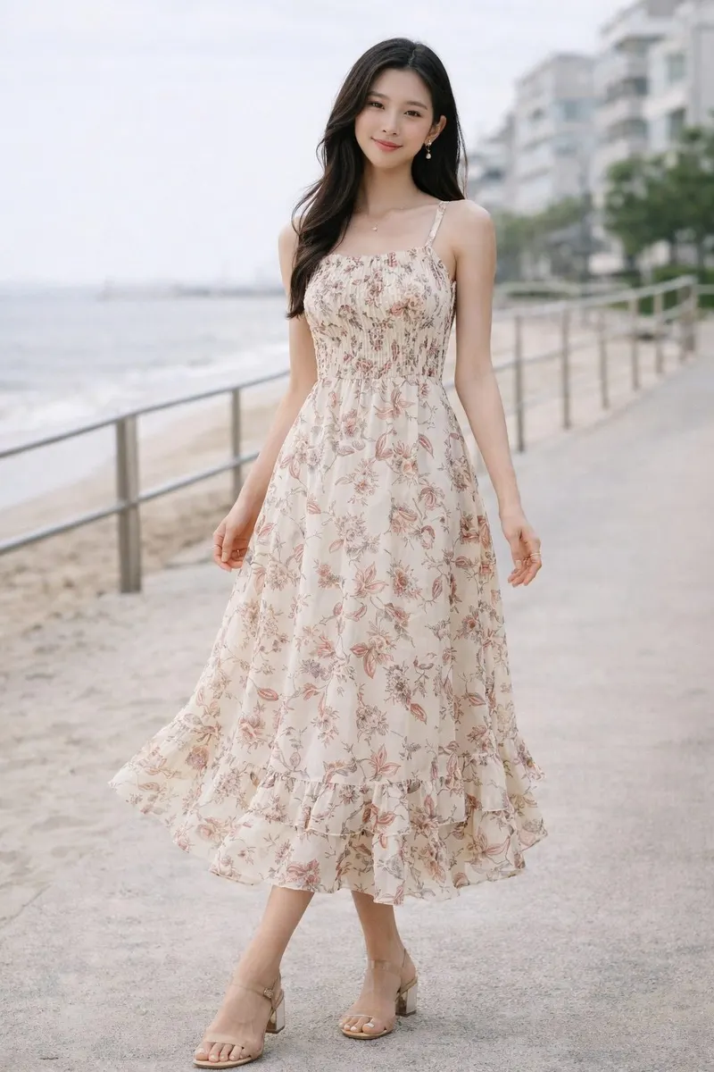 Woman wearing a soft floral midi dress with a fitted bodice and flowing skirt in a bright outdoor setting