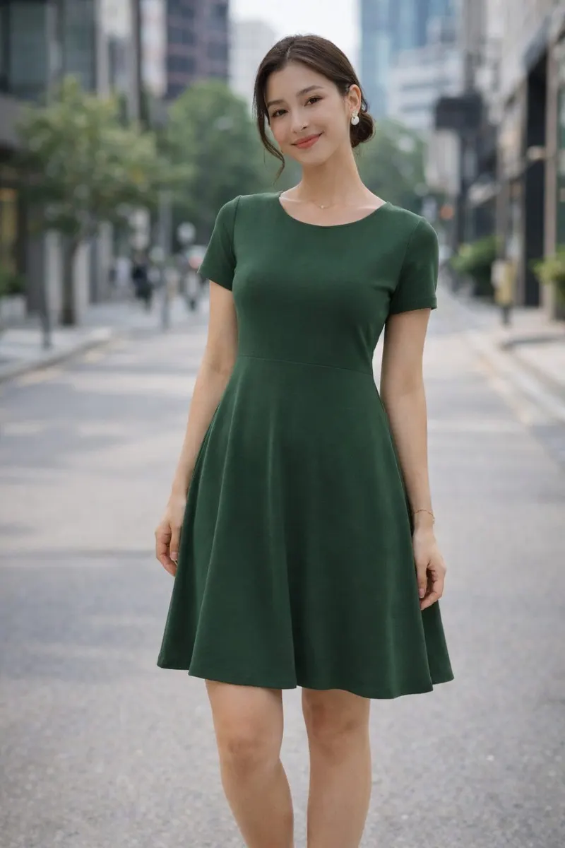 Woman wearing a forest green short-sleeve A-line dress in a city street setting with a refined, minimal styling approach