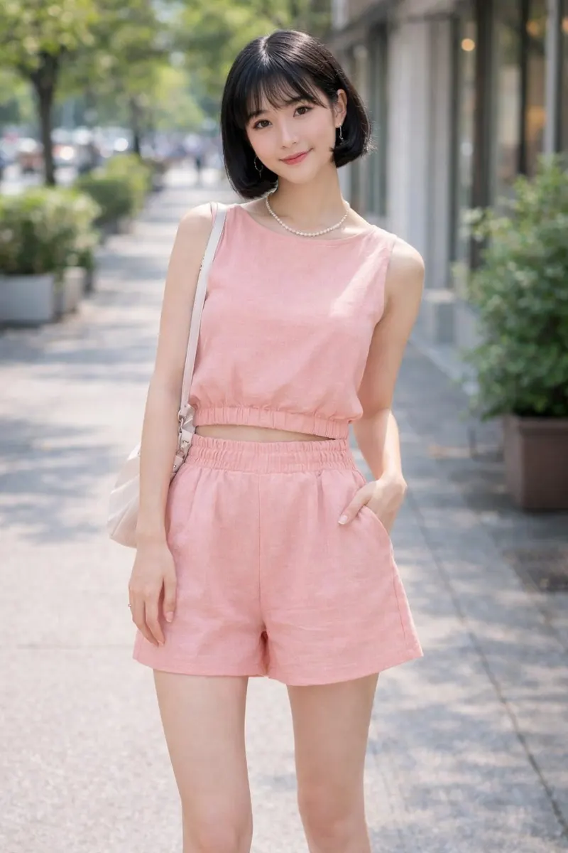 Woman wearing a soft pink sleeveless crop top and matching high-waisted shorts with a white shoulder bag in a sunny street setting