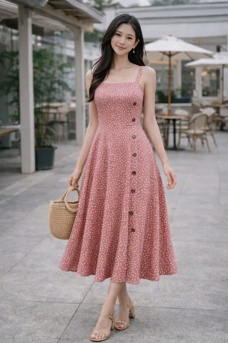 Woman wearing a pink polka dot sleeveless midi dress with a square neckline in a bright outdoor lifestyle setting