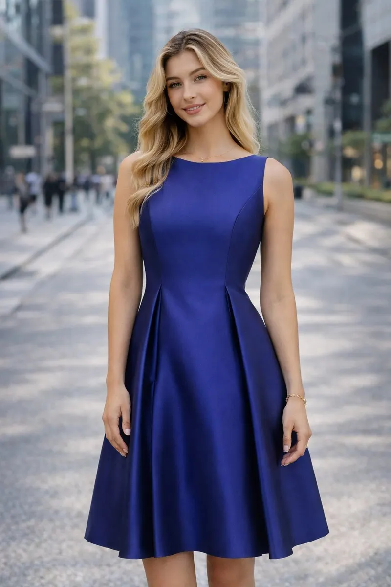 Woman wearing a sleeveless cobalt blue fit-and-flare midi dress in a modern city street setting