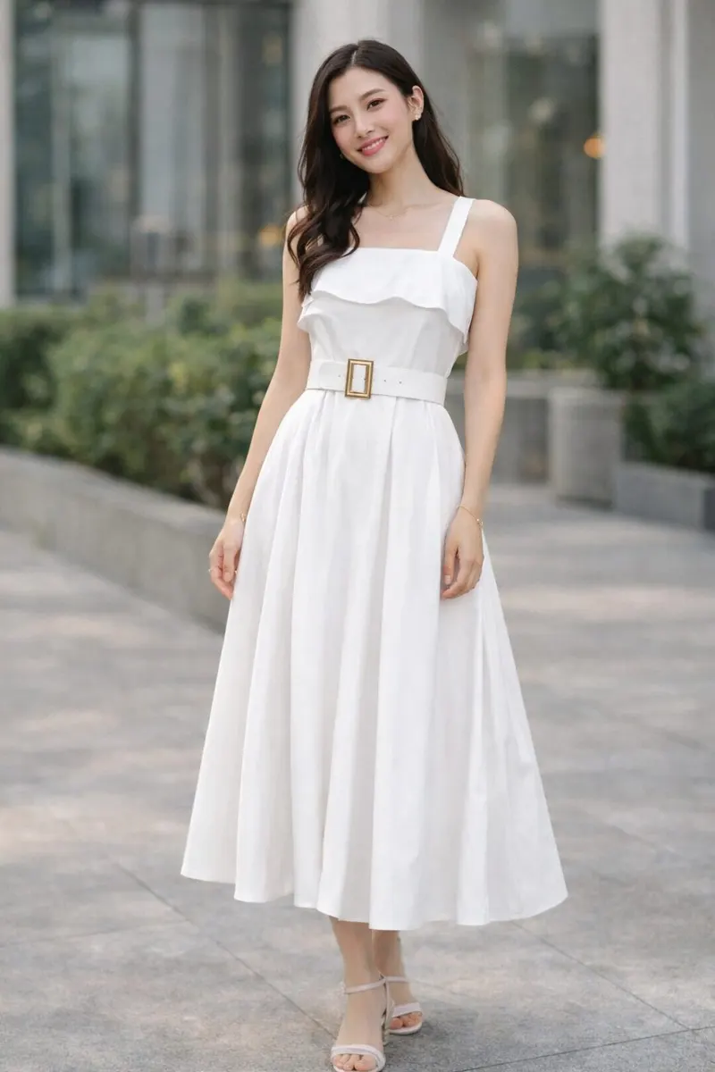 Woman wearing a white belted midi dress with wide straps, a soft ruffle neckline, and a full skirt in a modern outdoor setting