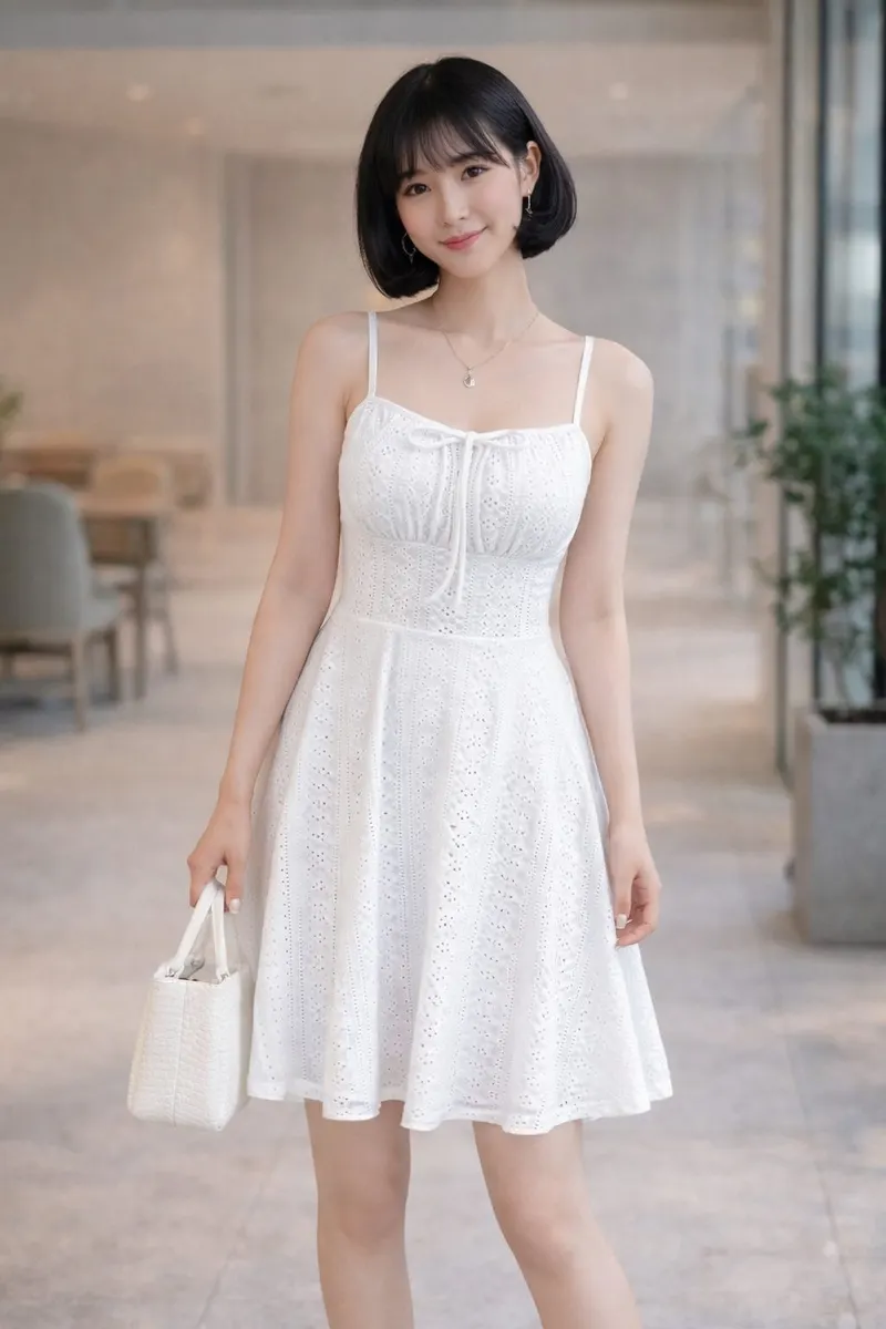 Woman wearing a white sleeveless eyelet sundress with a fitted bodice and flared skirt, styled with a small white handbag indoors