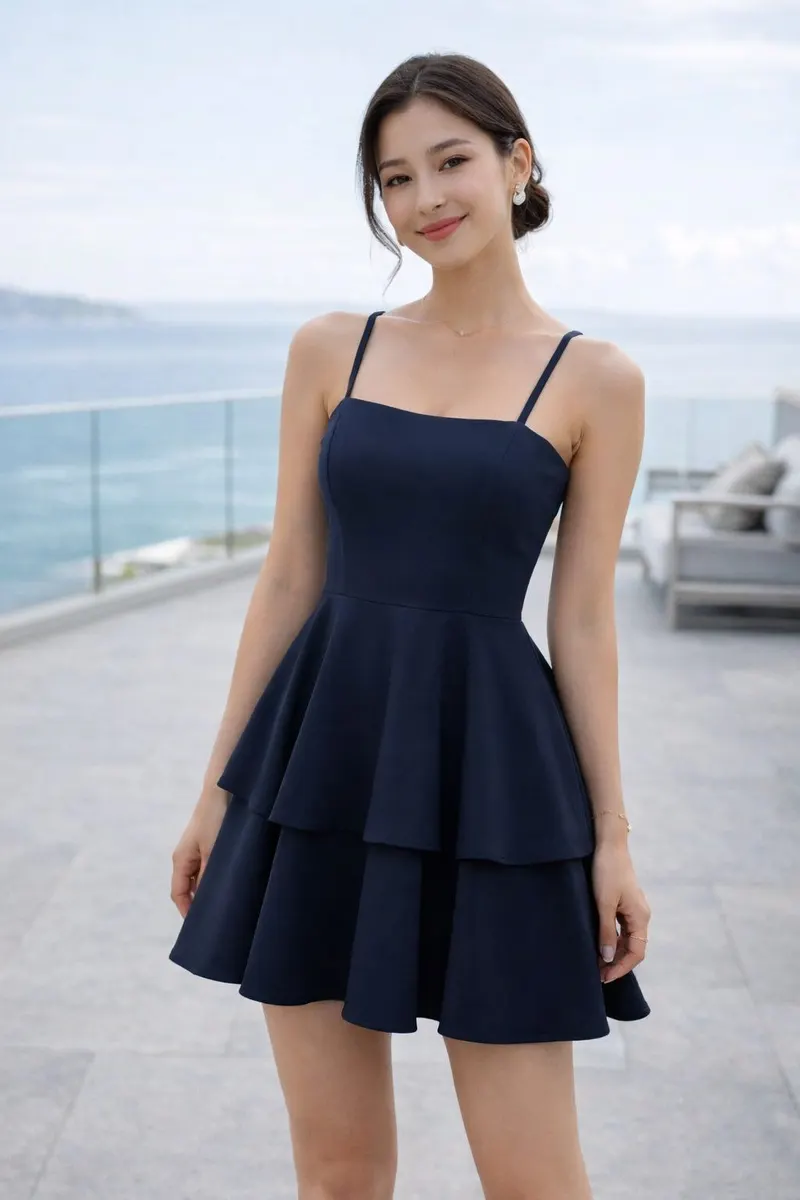 Woman wearing a navy sleeveless mini dress with a fitted bodice and tiered flared skirt in a softly blurred modern editorial setting