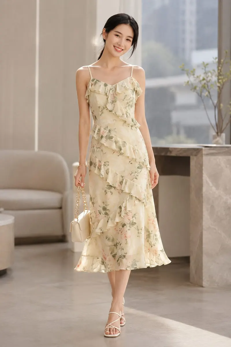 Woman wearing a butter yellow floral midi dress with cascading ruffle details and delicate shoulder straps in a bright outdoor setting.