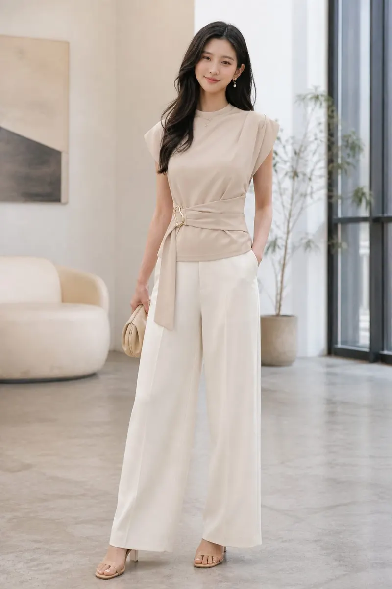 Woman wearing a neutral belted sleeveless top with wide-leg cream trousers in a bright modern indoor setting