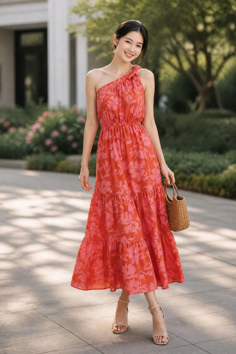Woman wearing a vibrant red floral one-shoulder maxi dress with a tiered skirt in a modern outdoor setting